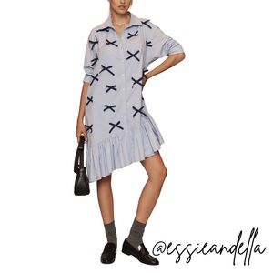 Maeve Light Blue Shirt Dress with Navy Bow Accents